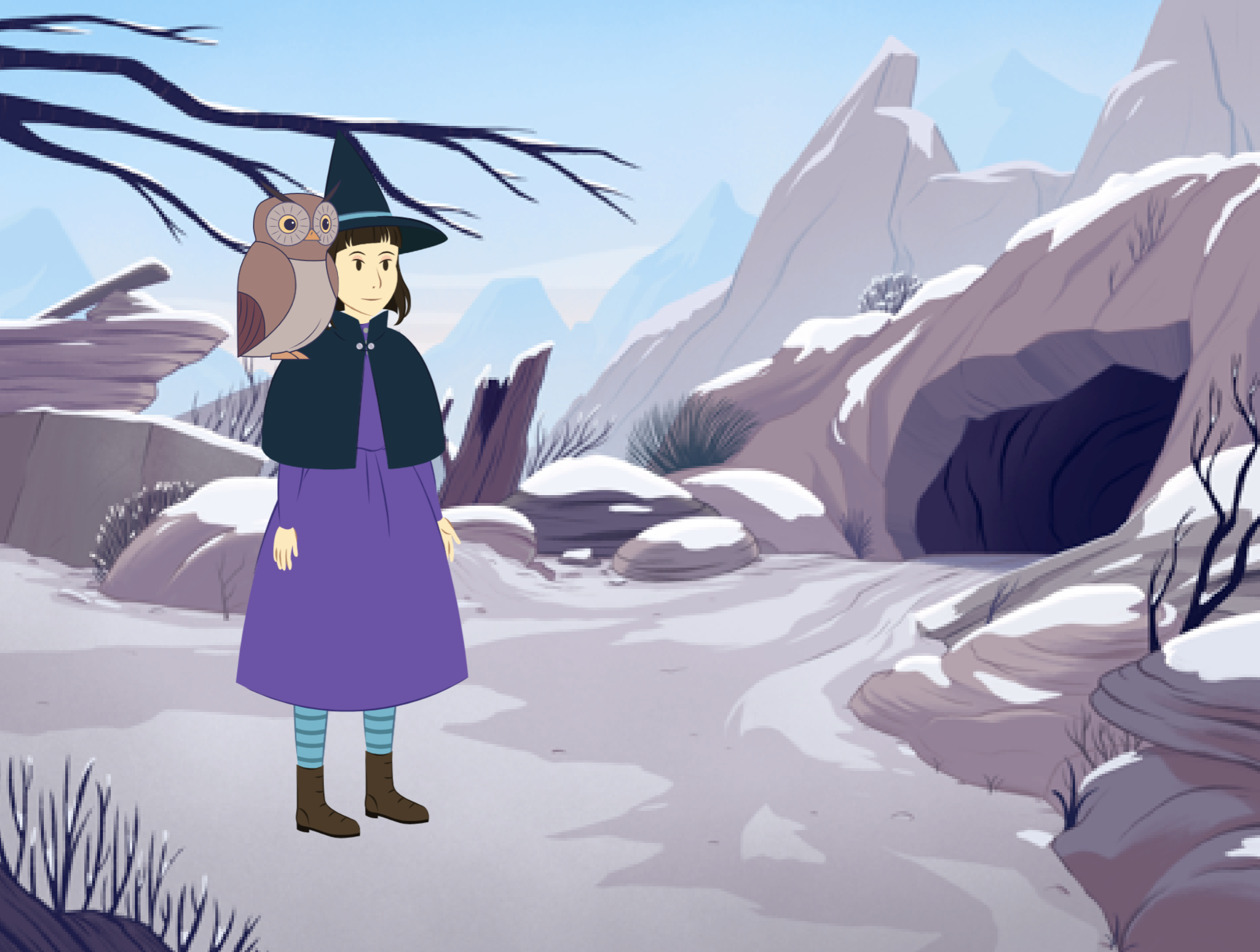 Witch and owl in snowy canyon